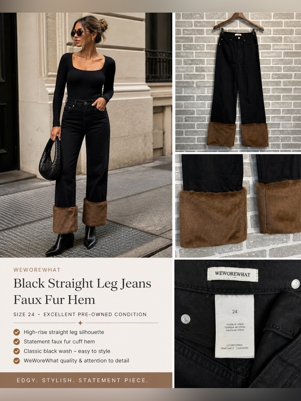 WeWoreWhat Black Straight Leg Jeans Faux Fur Hem Size 24 Statement Pants